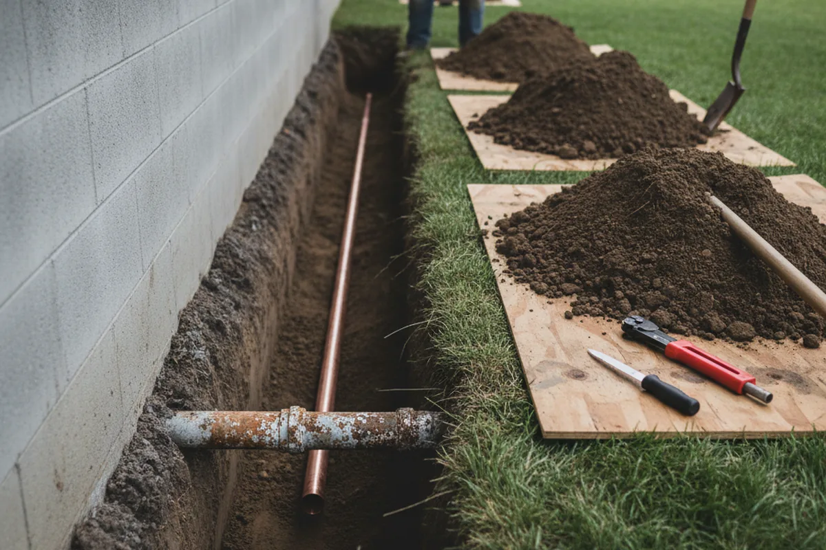 Excavated water line trench during Water Softener Installation in Belspring